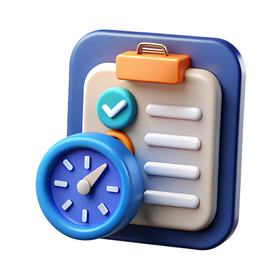 3d render of a time management concept with a clipboard clock and checkmark png