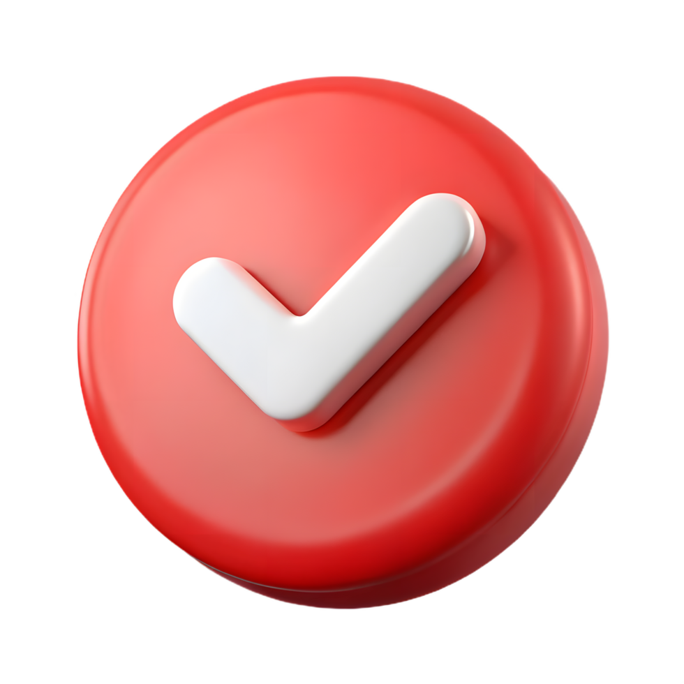 Red circle button with white checkmark 3d render png