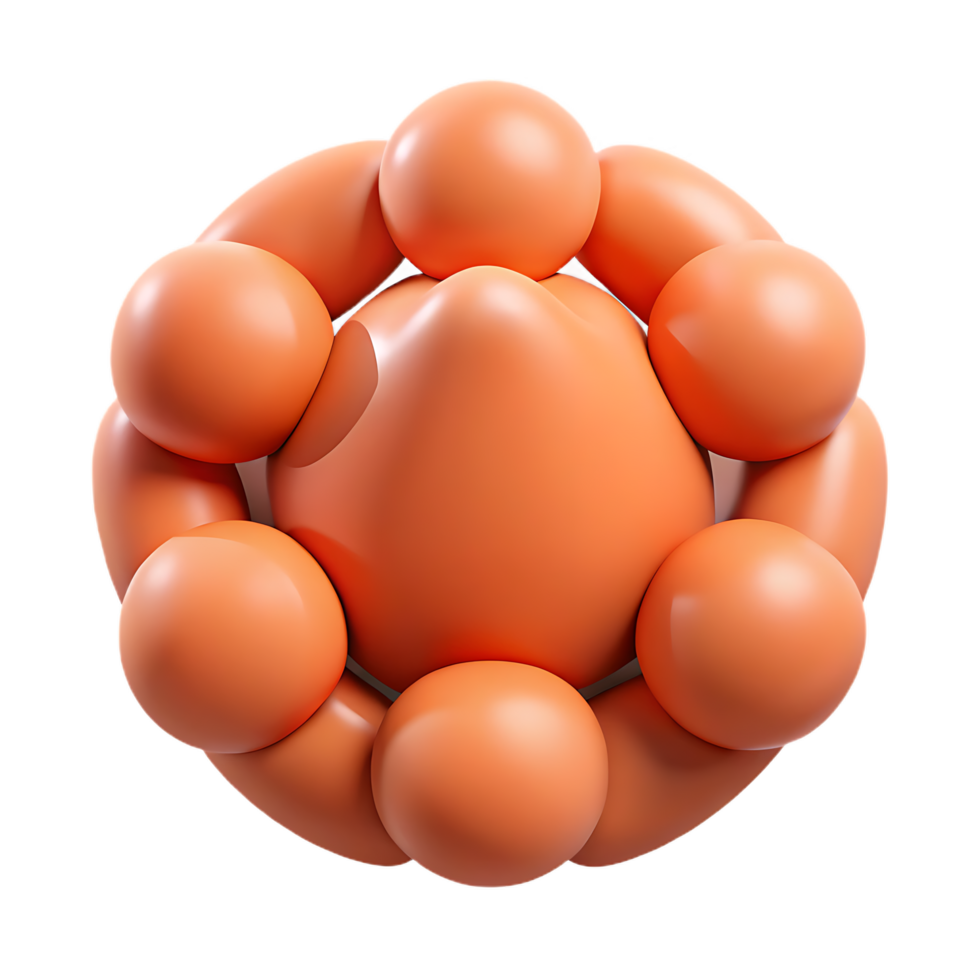 Abstract rendered orange sphere with spherical elements arranged in a circular formation on black png