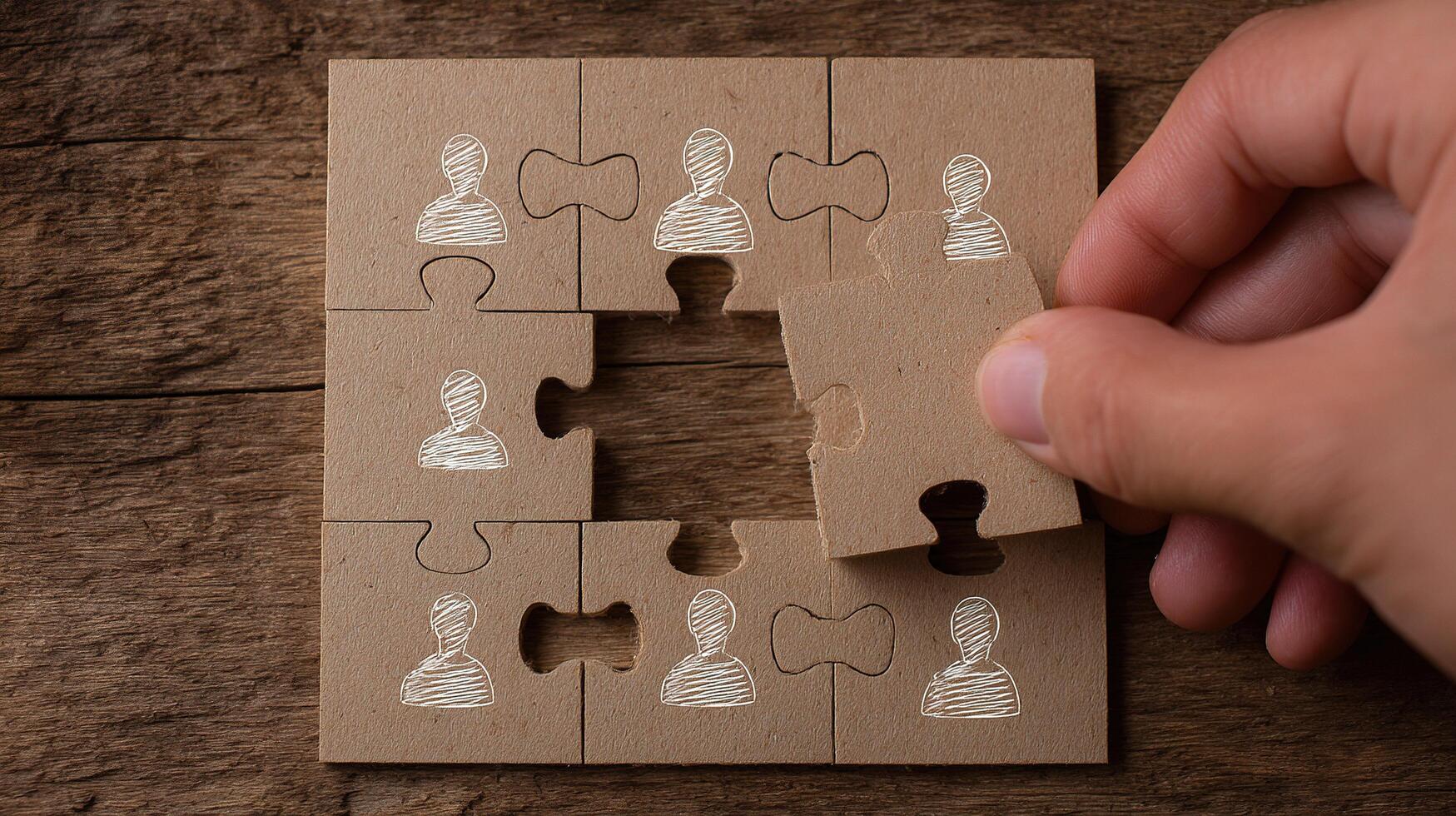 A person holding a piece of jigsaw puzzle with people on it photo