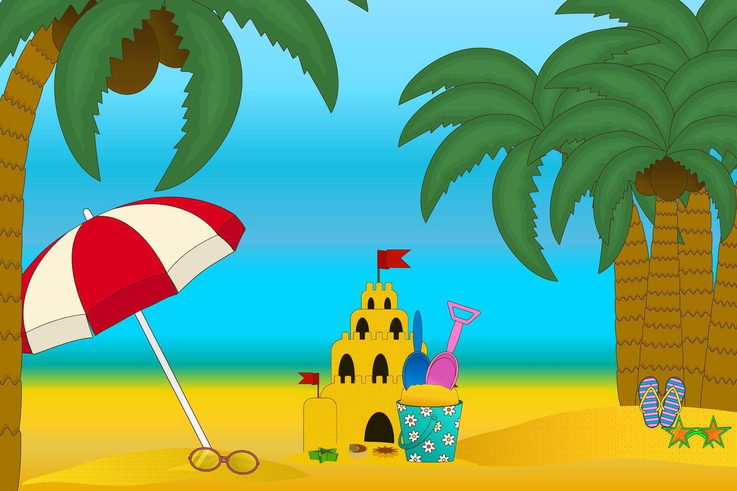 Tropical summer scene with sandcastle, beach umbrella, palm trees, bucket, shovel and toy molds set, sunglasses, and flip flops on golden sand under blue sky. For summertime, vacation, outdoor design. vector
