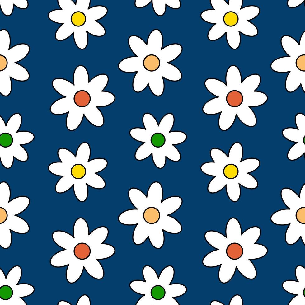 Summer seamless cartoon pattern with many daisy flowers. Floral pattern on blue background. For summertime design of item and clothing, wrapping paper, wallpaper, and gift box decorating. vector