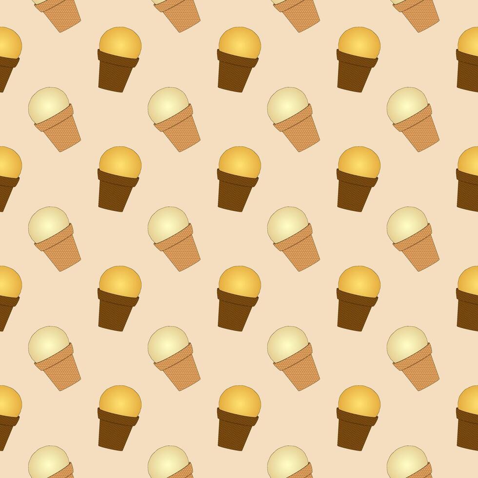 Seamless summer pattern with illustration of ice cream waffle cups in calm, soft tones on a beige background. For Summertime, food, dessert, refreshing design, or National Ice Cream Day celebration. vector