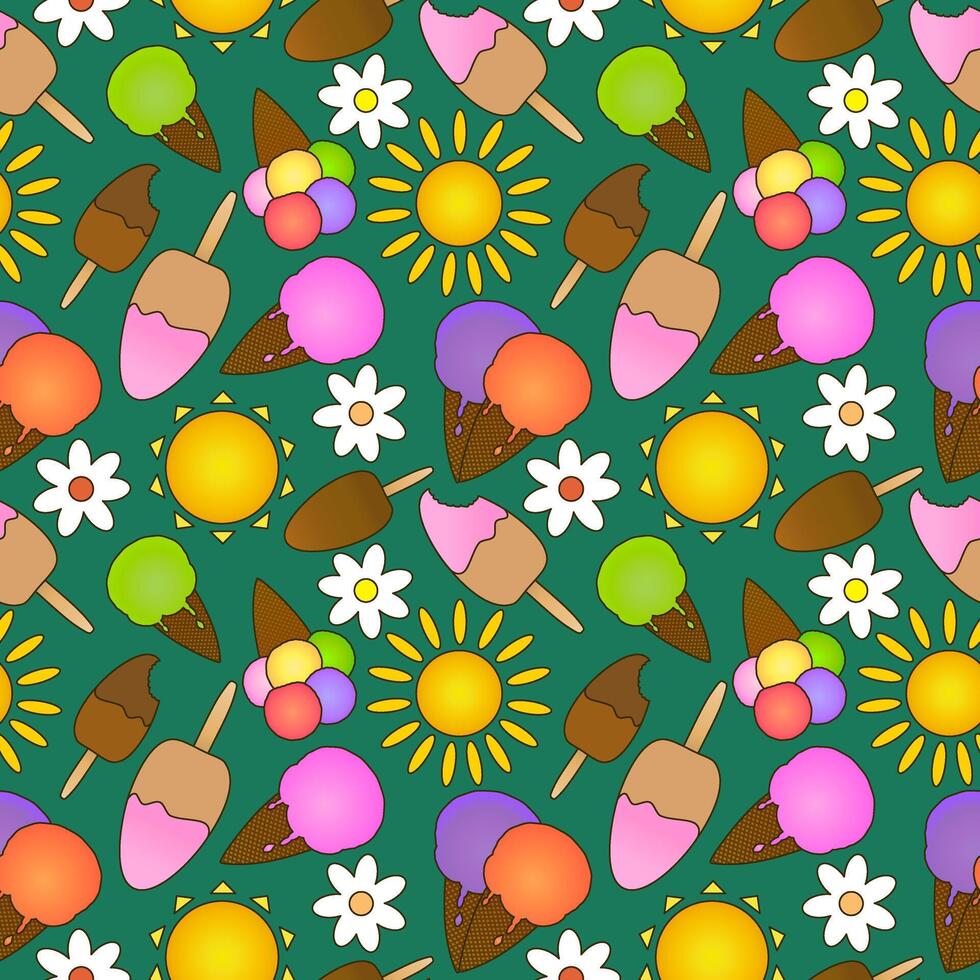 Seamless summer pattern with cartoon illustration of ice cream in waffle cone and on stick, sun and daisy flowers on green background. For Summertime design, or National Ice Cream Day celebration. vector
