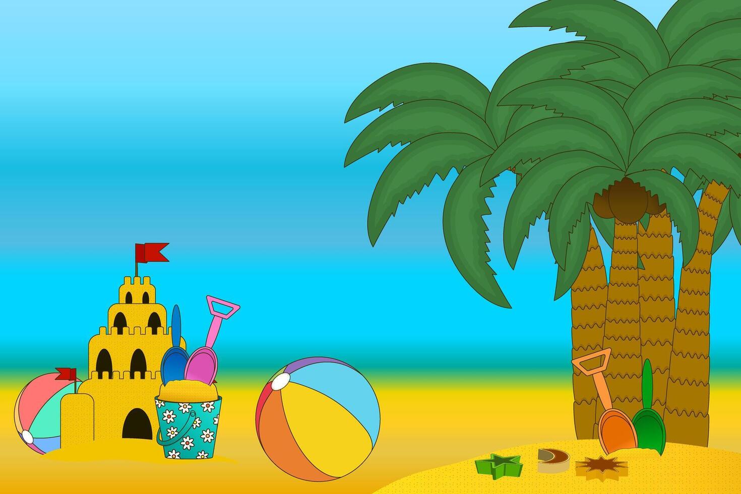 Colorful cartoon summer scene with sandcastle, kids beach toys, coconuts palm trees, and ocean view under blue sky. Tropical paradise. For summertime, vacations, activity, and outdoor concept design. vector