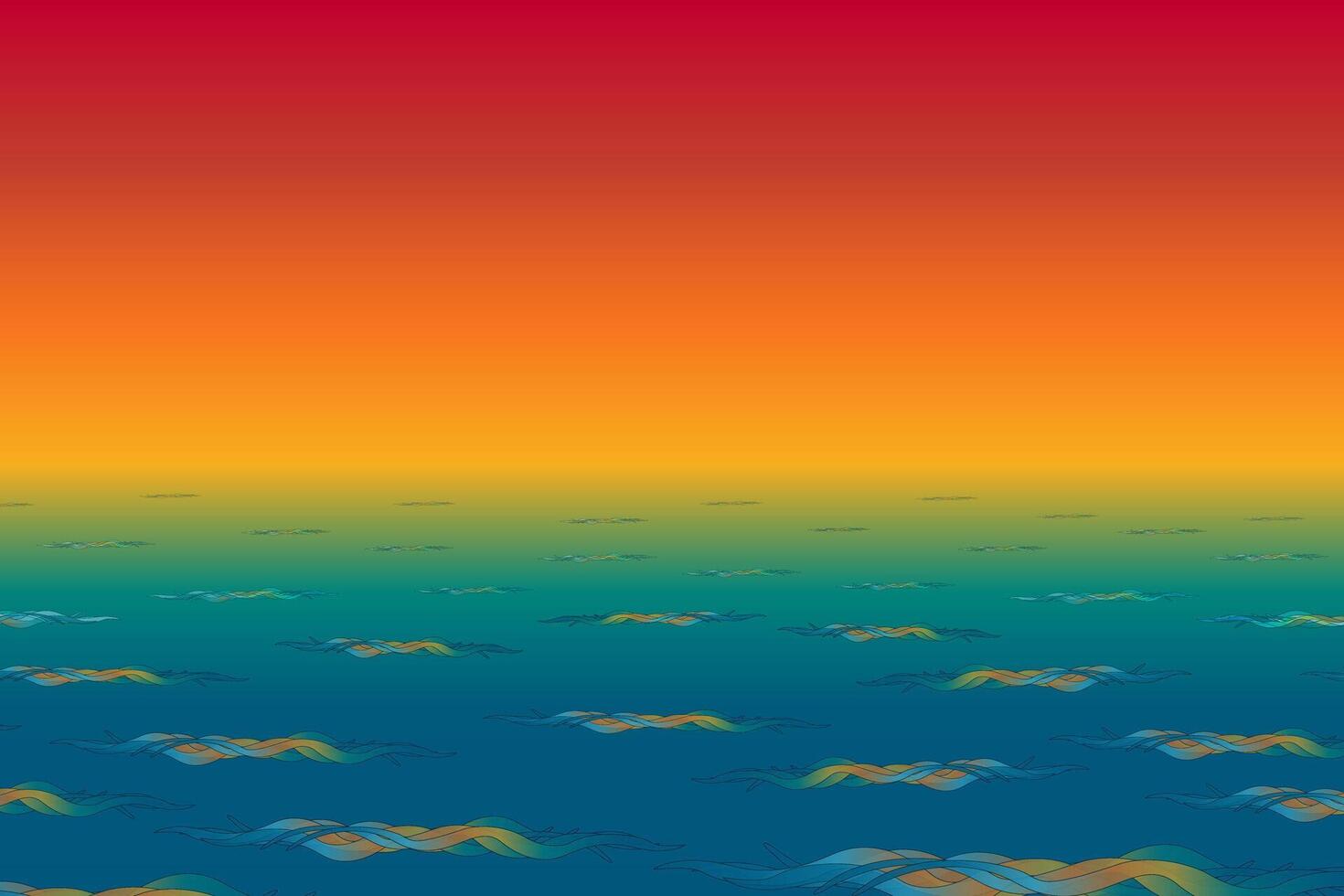 Cartoon summer illustration scene of abstract ocean waves under colorful sunset sky. Tropical seascape background in gradient. For summertime, beach, vacations, and outdoor concept design. vector
