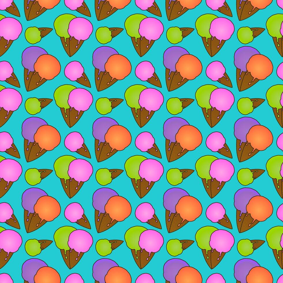 Seamless summer pattern with cute illustration of cartoon colorful ice cream waffle cones on a blue background. For Summertime, and refreshing design, or National Ice Cream Day celebration. vector