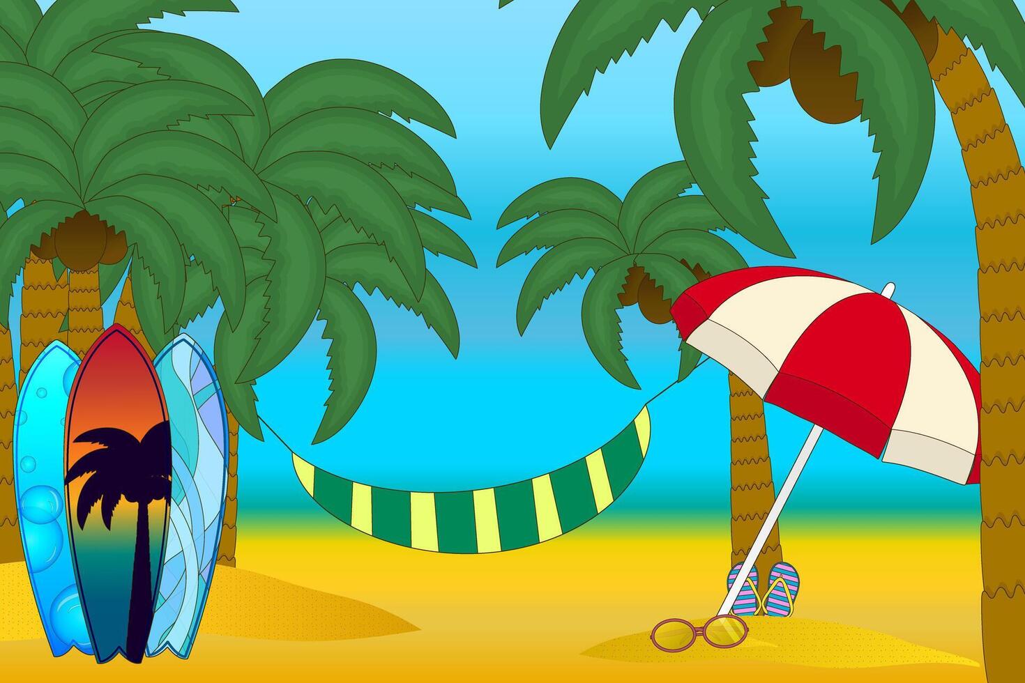 Cartoon illustration scene of Tropical beach with palm trees, surfboards, hammock, umbrella, and summer accessories. For summertime, vacations, outdoor, sport, and activity concept design. vector