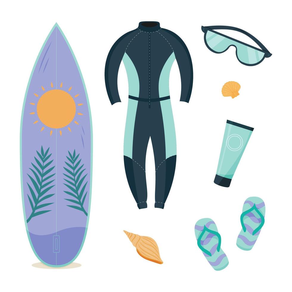 Surfing gear and accessories ready for a sunny beach day vector