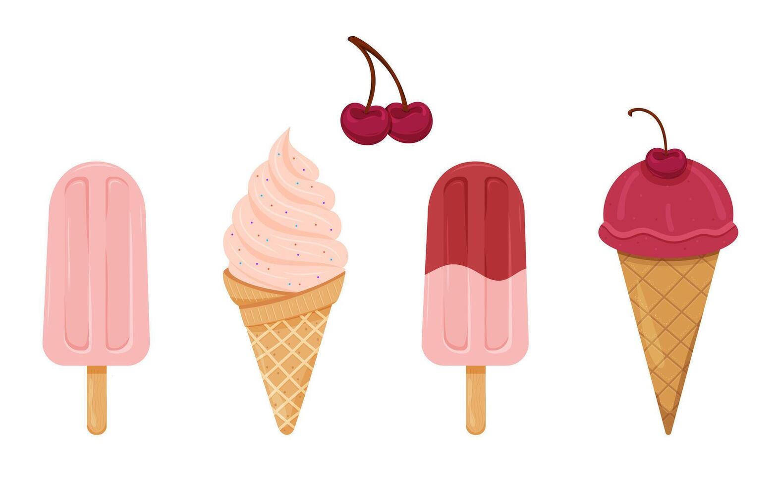 Bright collection of ice cream cones and popsicles with cherries. vector
