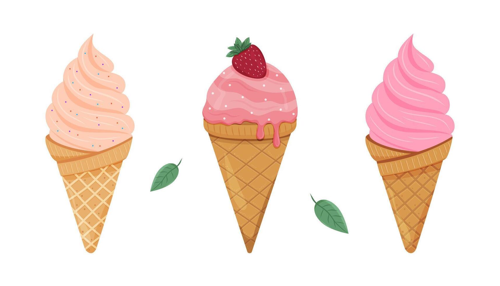 Delicious ice cream cones with strawberry topping and vibrant pink flavors vector
