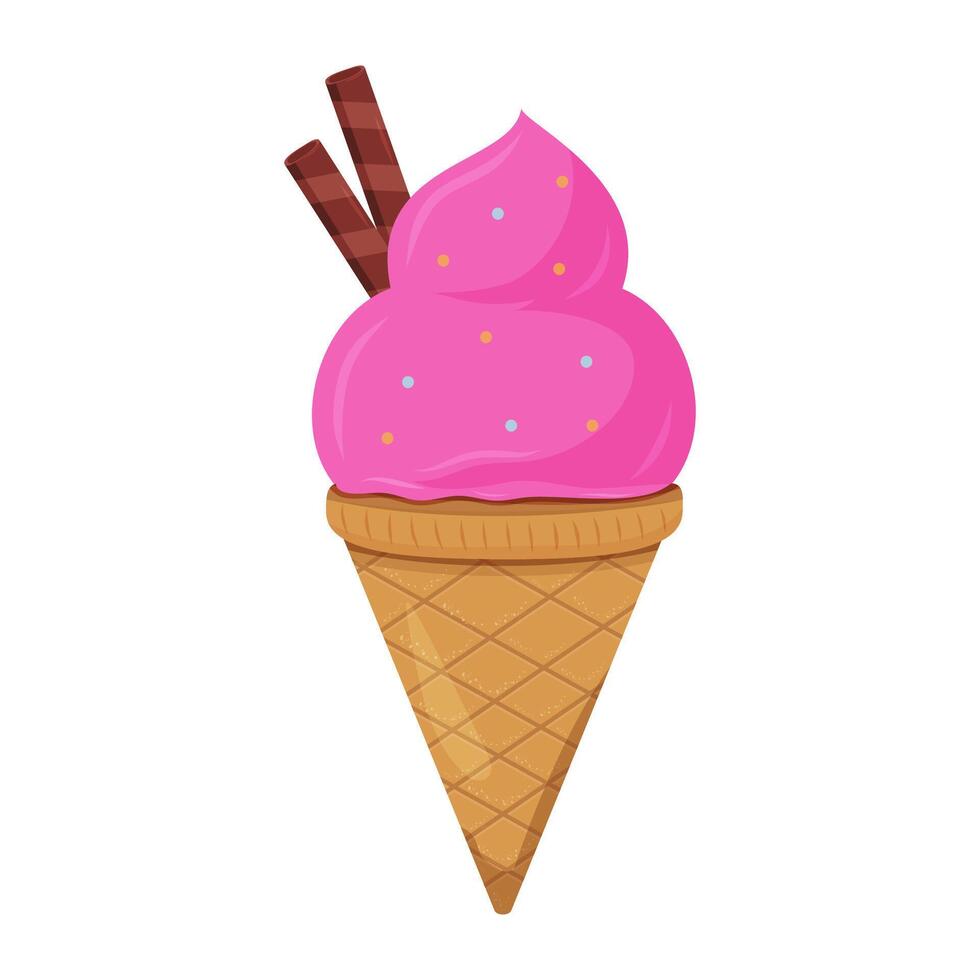 Sweet pink ice cream cone with chocolate sticks and sprinkles on top vector