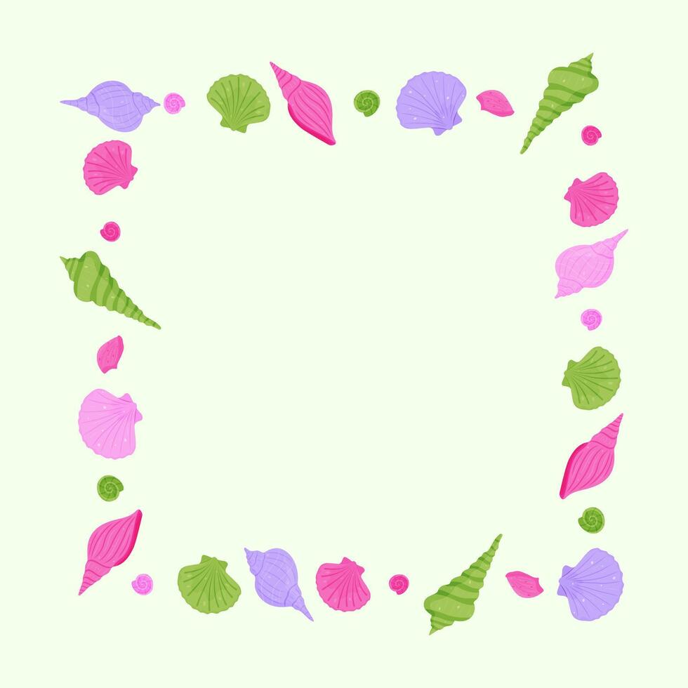 Seashell square frame border in pink, green and purple summer colors vector
