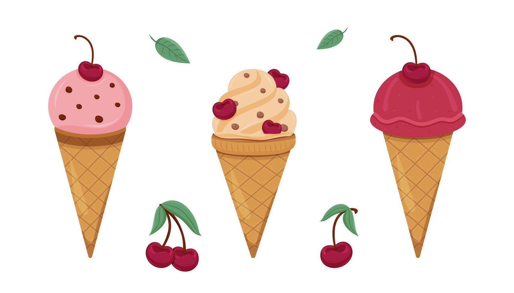 Three colorful ice cream cones topped with cherries showcase various flavors vector