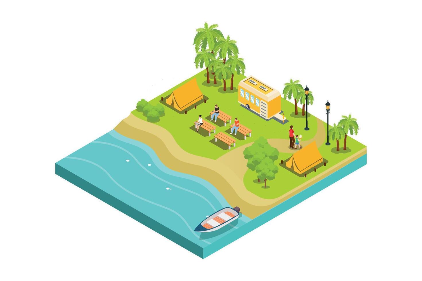 Isometric Illustration camping holidays composition with camper tent campfire cooking campingsite near river boats illustration vector
