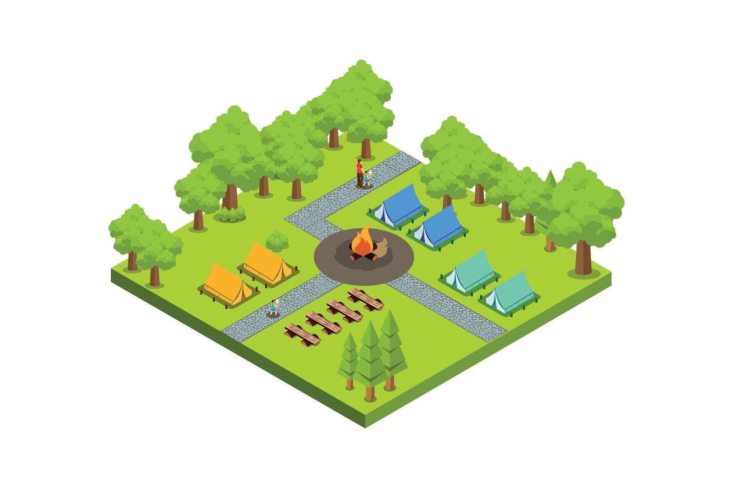 Isometric illustration of camping vacation composition with camping tent, campfire cooking campsite vector