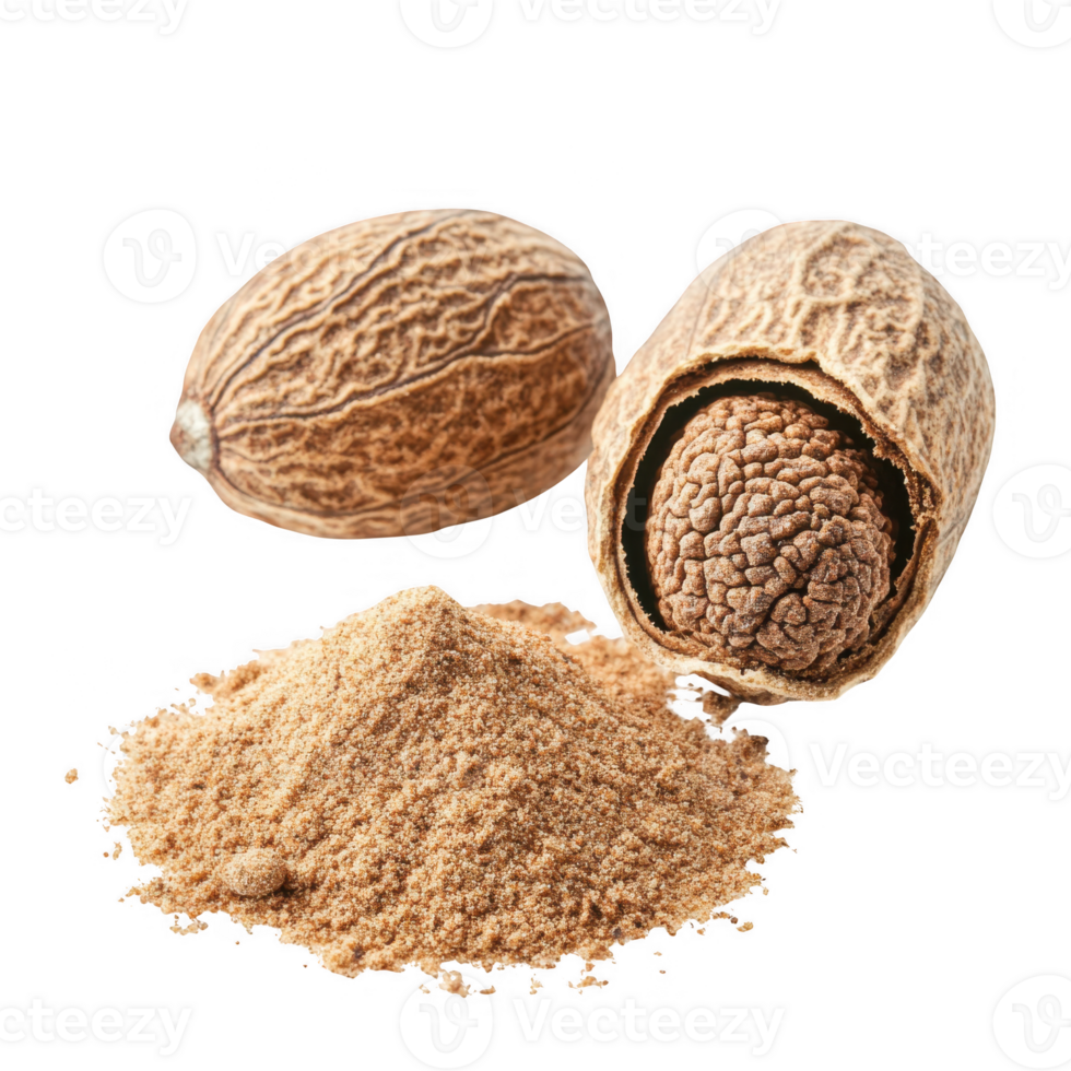Whole and ground nutmeg spice isolated on transparent background png