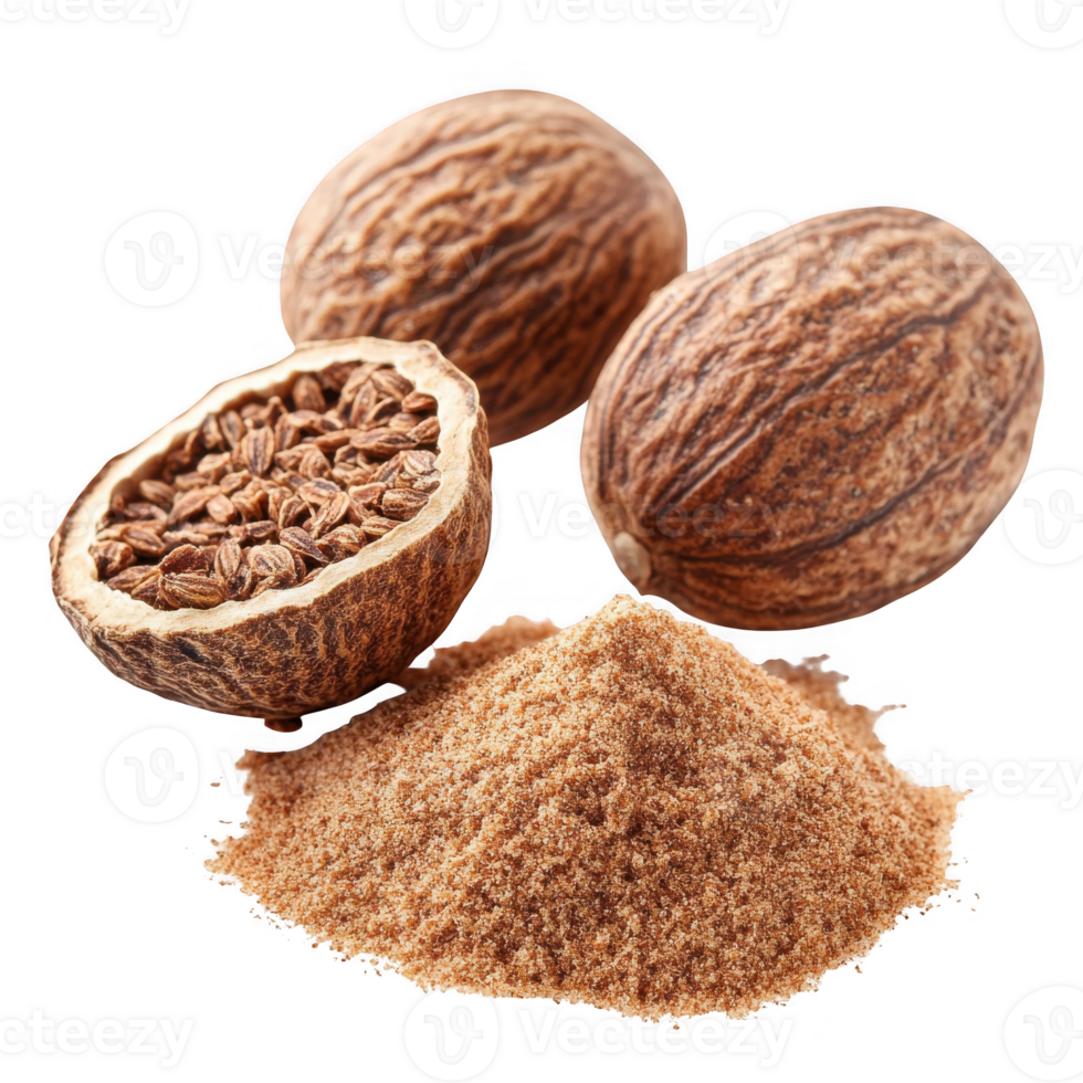 Nutmeg whole and ground spice isolated on transparent background png