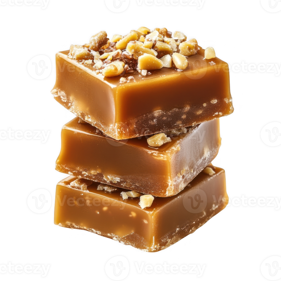 Three caramel squares with nuts isolated on transparent background png
