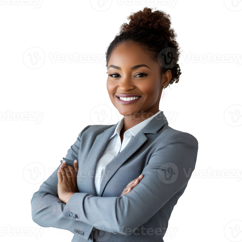 Smiling woman in suit with arms crossed on transparent background png