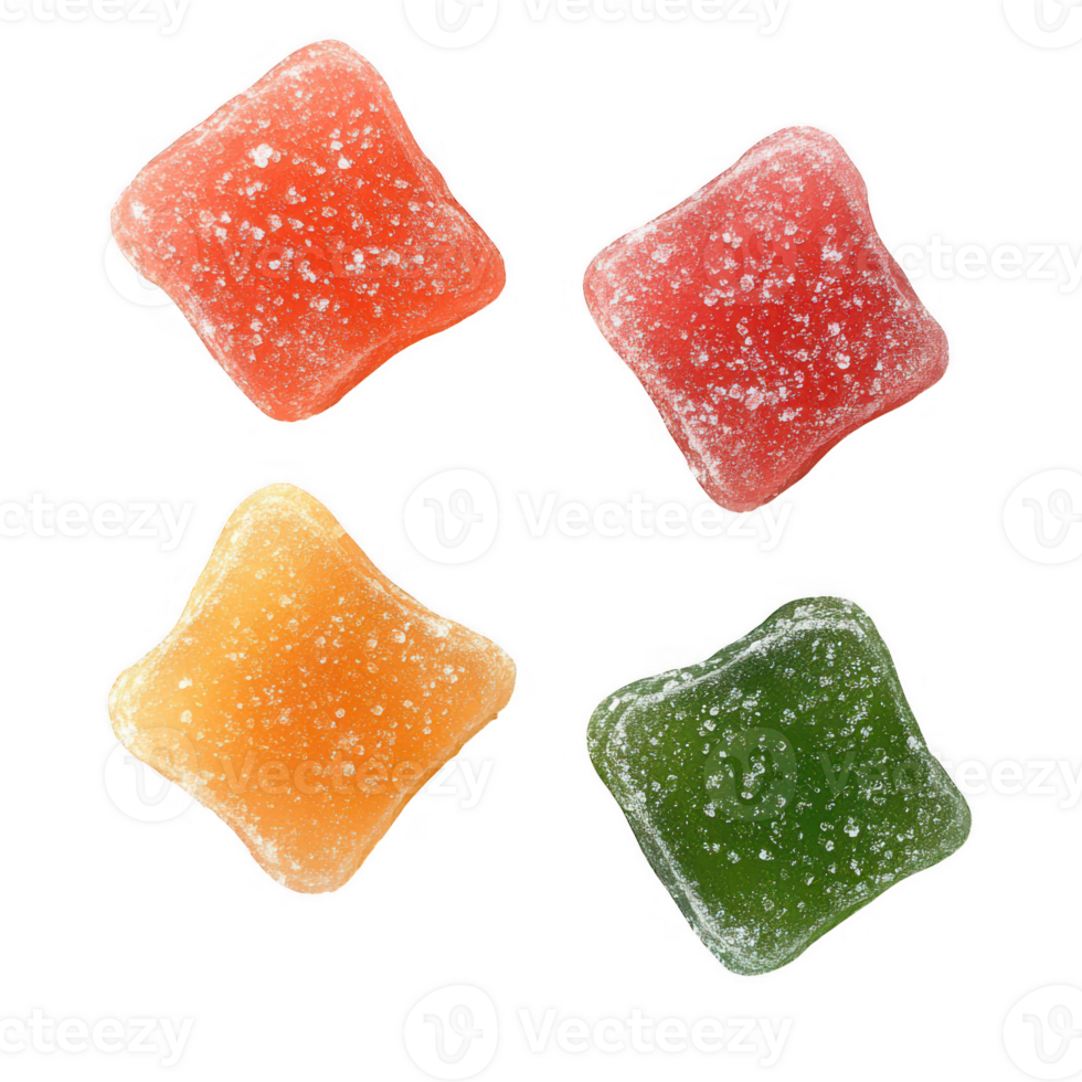 Four colorful diamond shaped gummies isolated on transparent background png