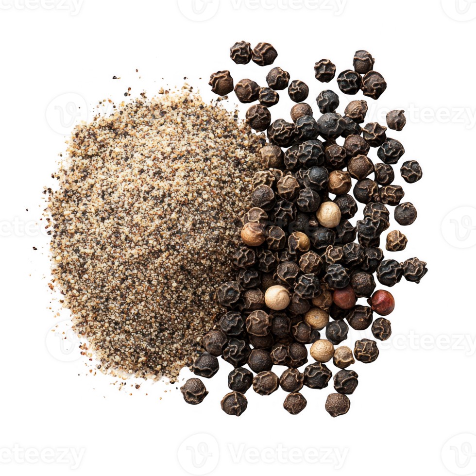 Ground and whole peppercorns isolated on transparent background png
