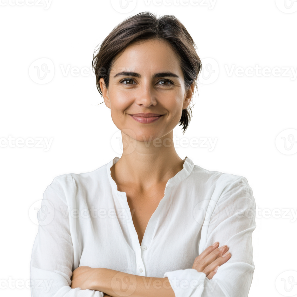 Smiling woman with arms crossed on transparent background png