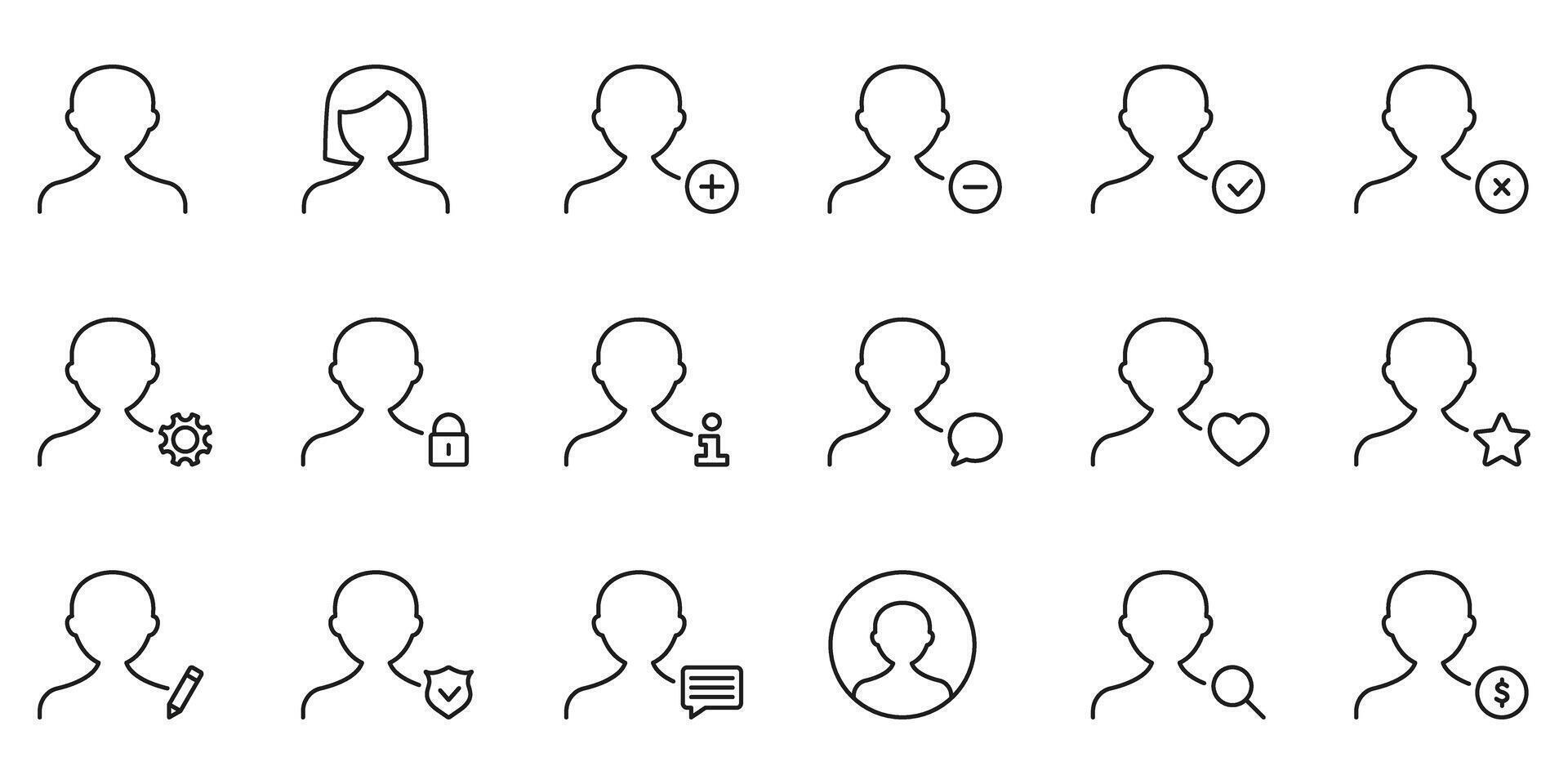 User Profile Management Icon Set. User Interaction, Account Settings, And Profile Customization Outline Symbol Collection. Editable Stroke. Isolated Illustration vector