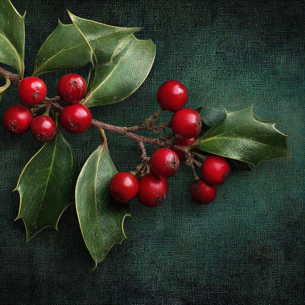 Holly branch with red berries on a green background photo