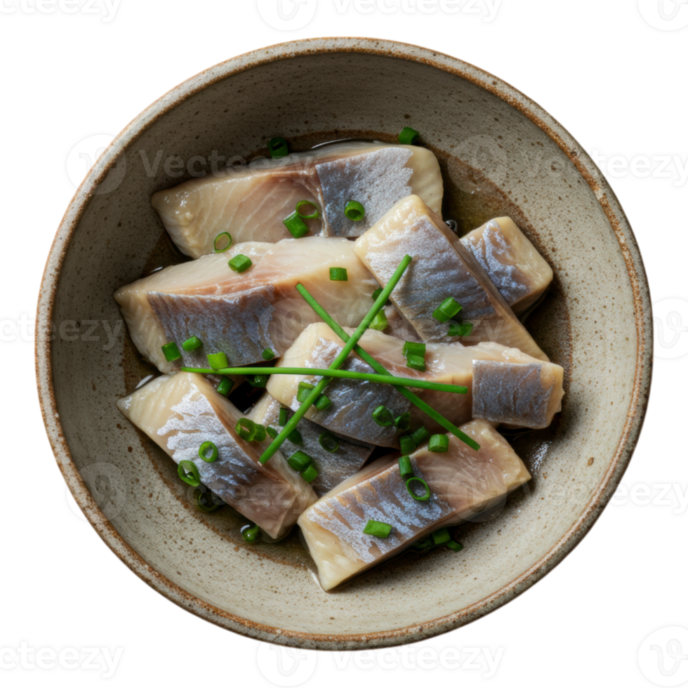 Pickled Herring Slices with Chives in Bowl Transparent Background png