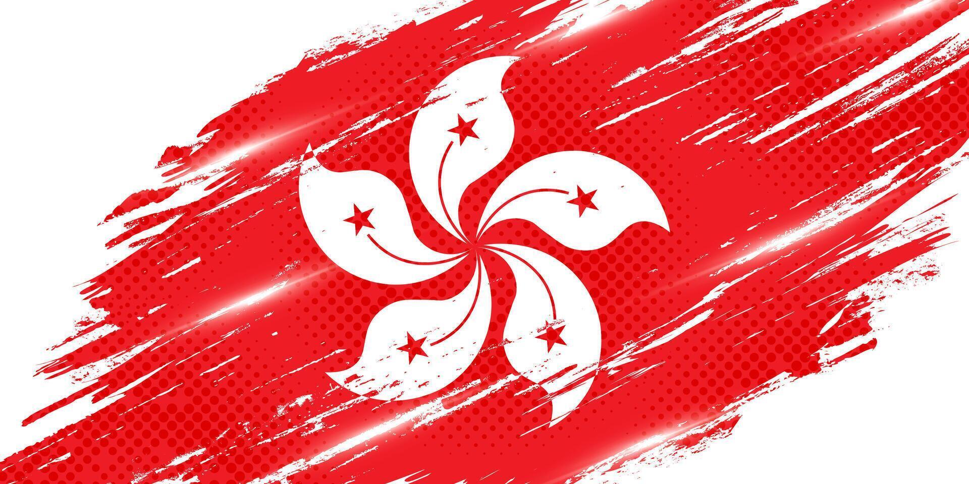 Hong Kong Flag in Grunge Brush Style with Halftone and Glow Effects. Flag of Hong Kong in Abstract Concept vector