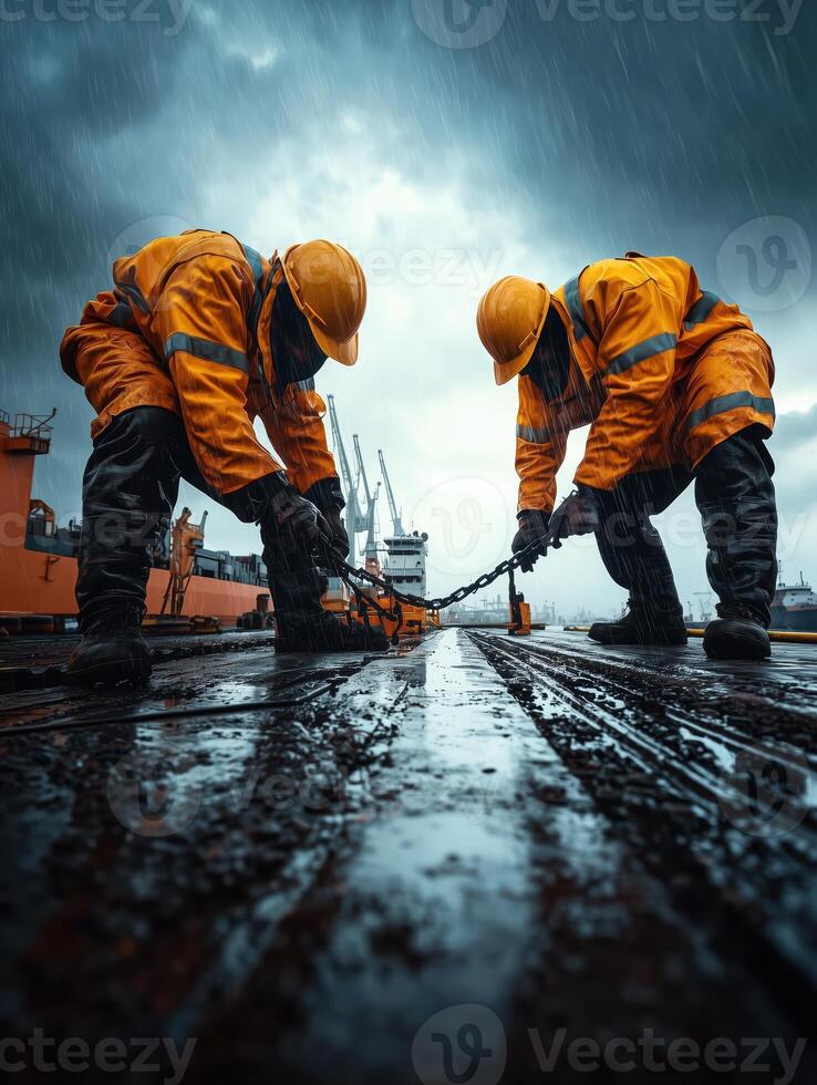 Cargo Operations by Dockworkers Under Gloomy Skies photo
