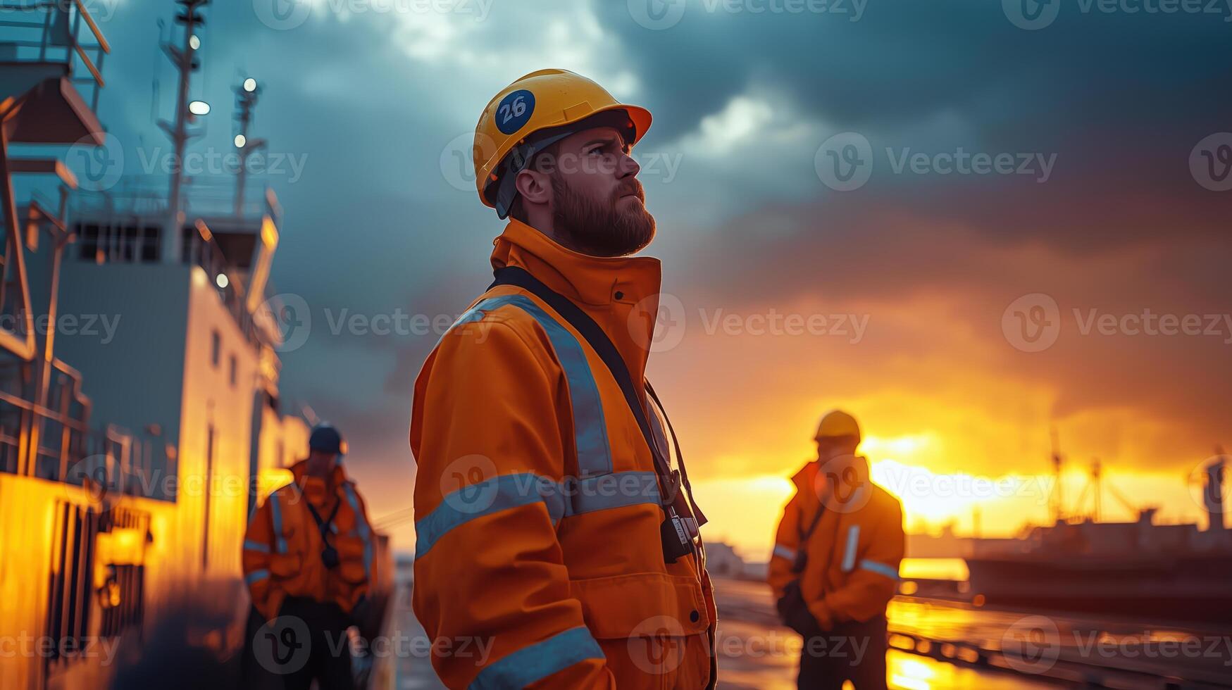Dockworkers Collaborating Under Muted Blue and Yellow Skies photo