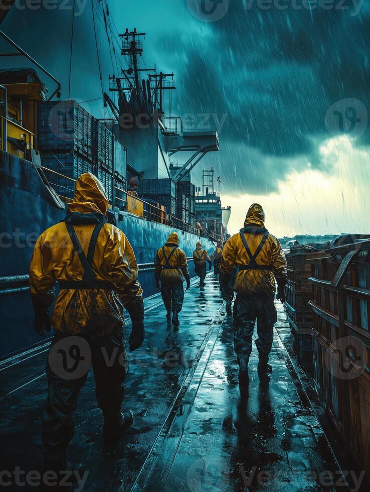 Cargo Handling by Dockworkers Under Muted Environmental Tones photo
