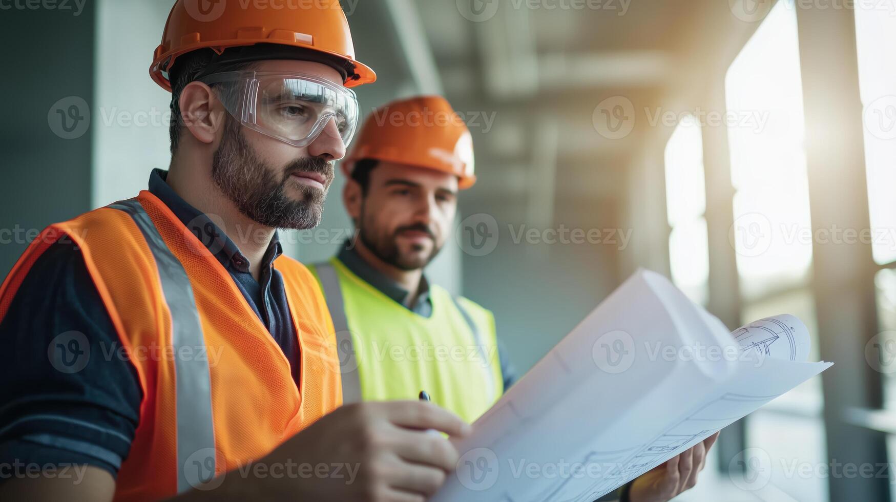 Engineers Focused on Blueprints Surrounded by Unique Lighting photo
