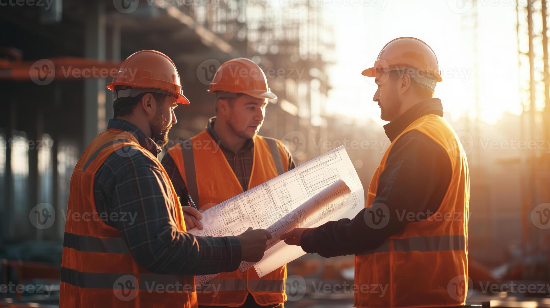 Engineers Collaborating on Blueprints in Dynamic Lighting photo