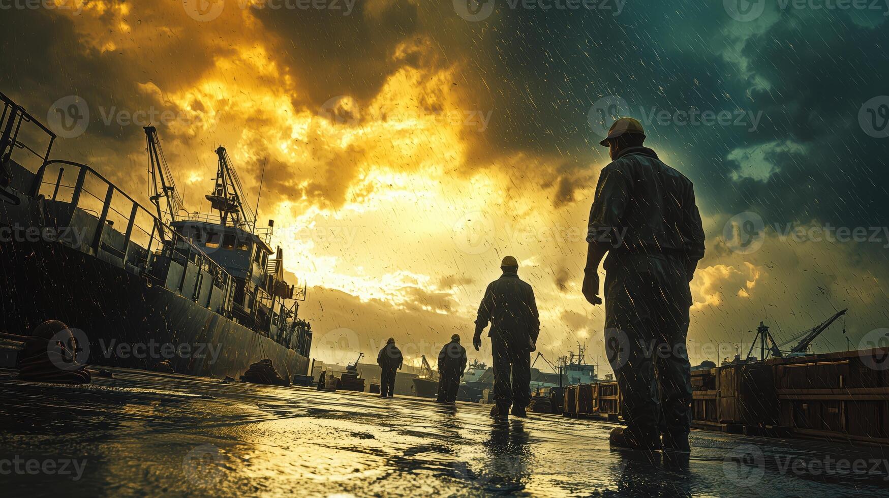 Gritty Scene of Dockworkers Working Under Stormy Conditions photo