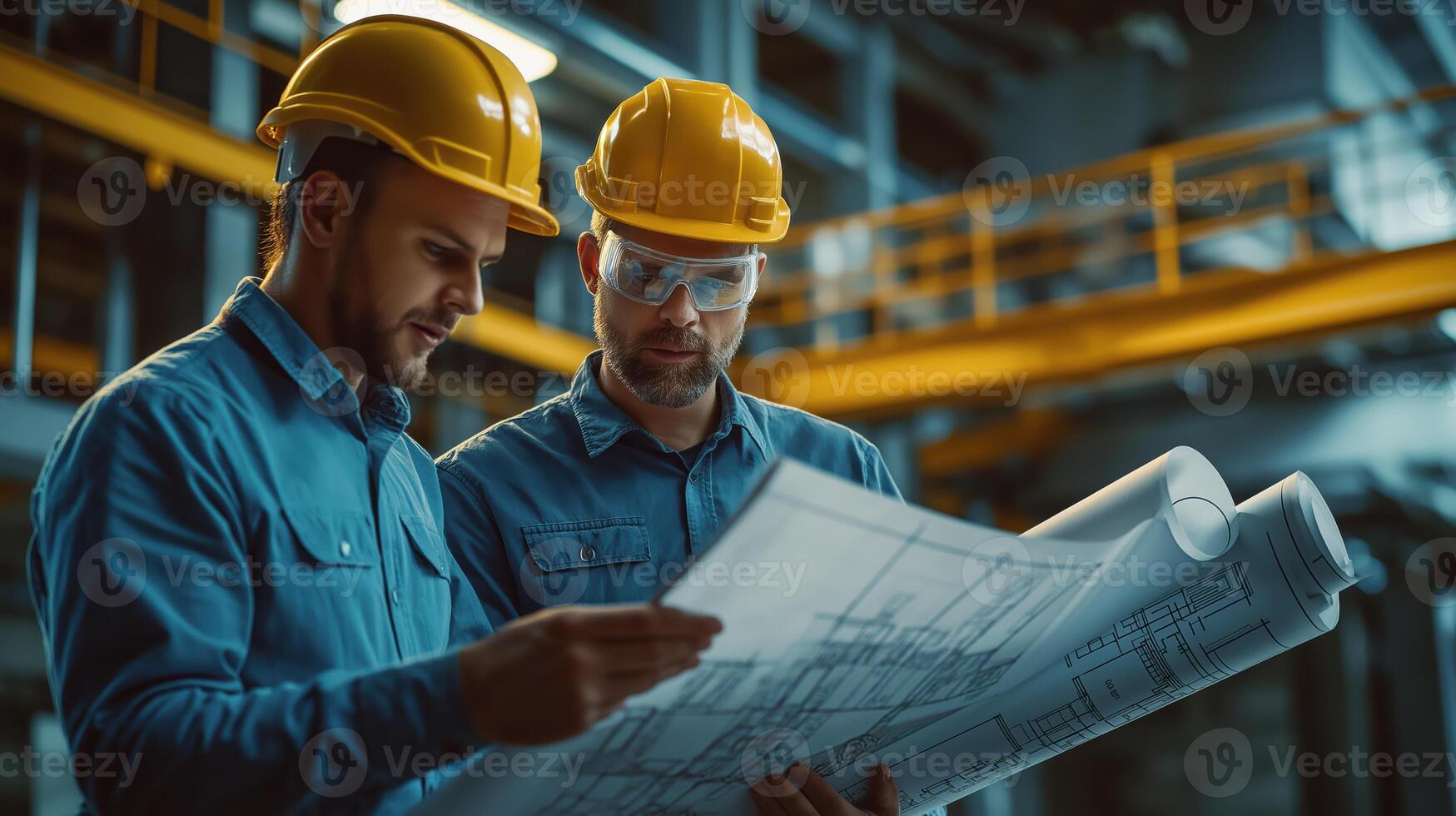 Blueprint Review Session Featuring Engineers in Unique Light photo