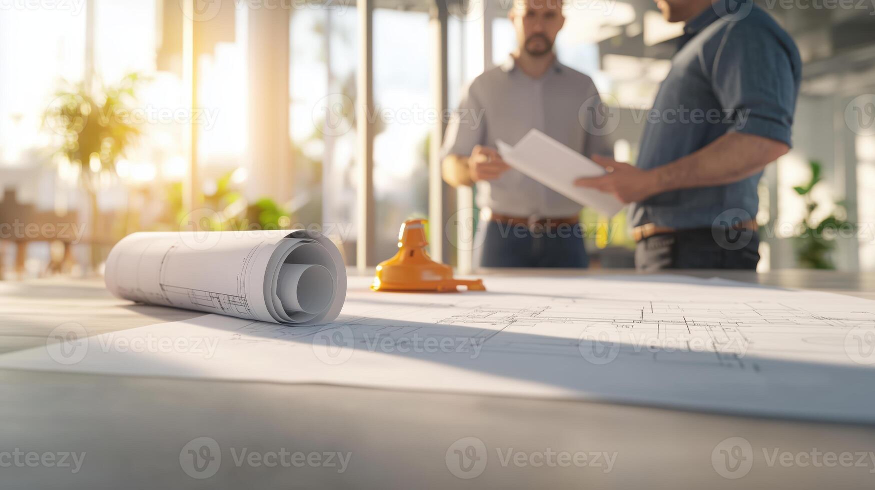 Dynamic Lighting Effects on Engineers Working with Blueprints photo
