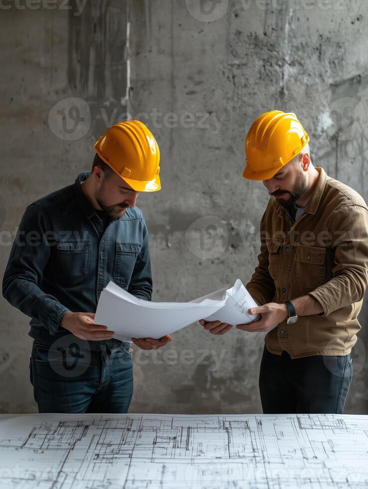 Focused Engineers Reviewing Plans with Warm and Cool Shadows photo