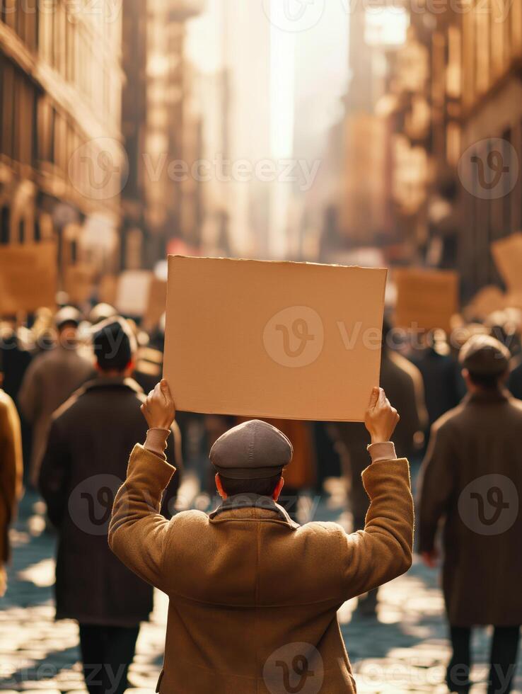 Crowded Street Scene of Vintage Workers Protesting in Sepia photo