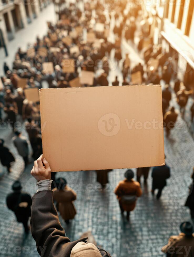 Workers in Historical Garb Holding Signs in a Vintage Street Scene photo