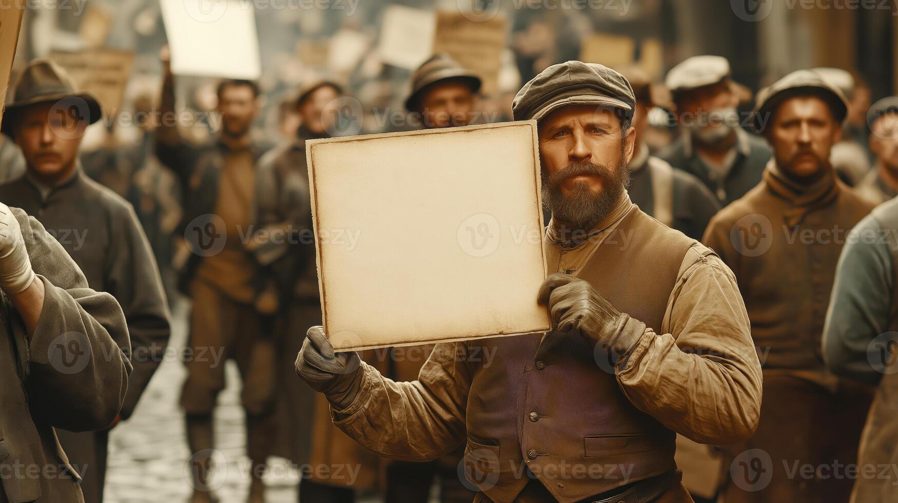 Early 1900s Demonstration with Workers and Cobblestone Background photo