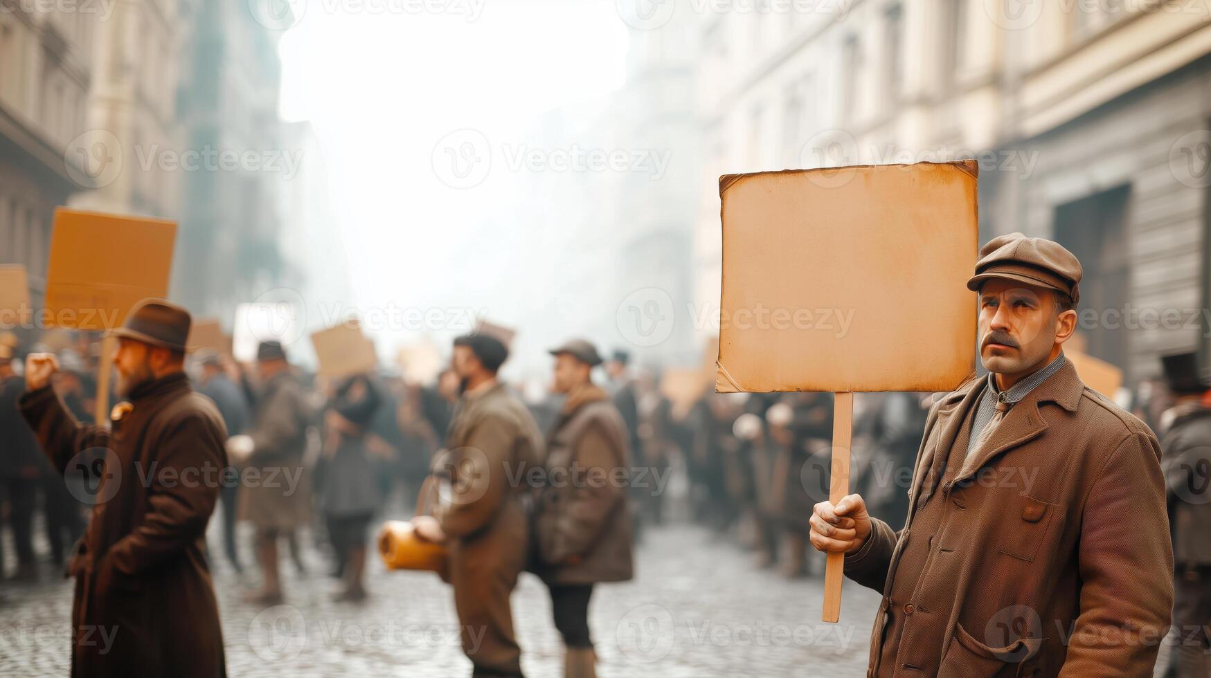 Historical Atmosphere Captured in Workers' Protest on Cobblestones photo