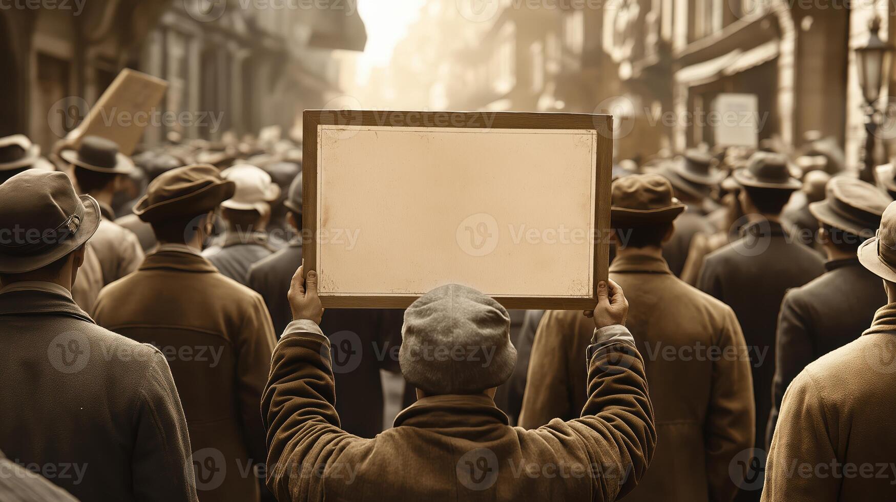 Cobblestone Street Scene Capturing Vintage Workers in Protest photo