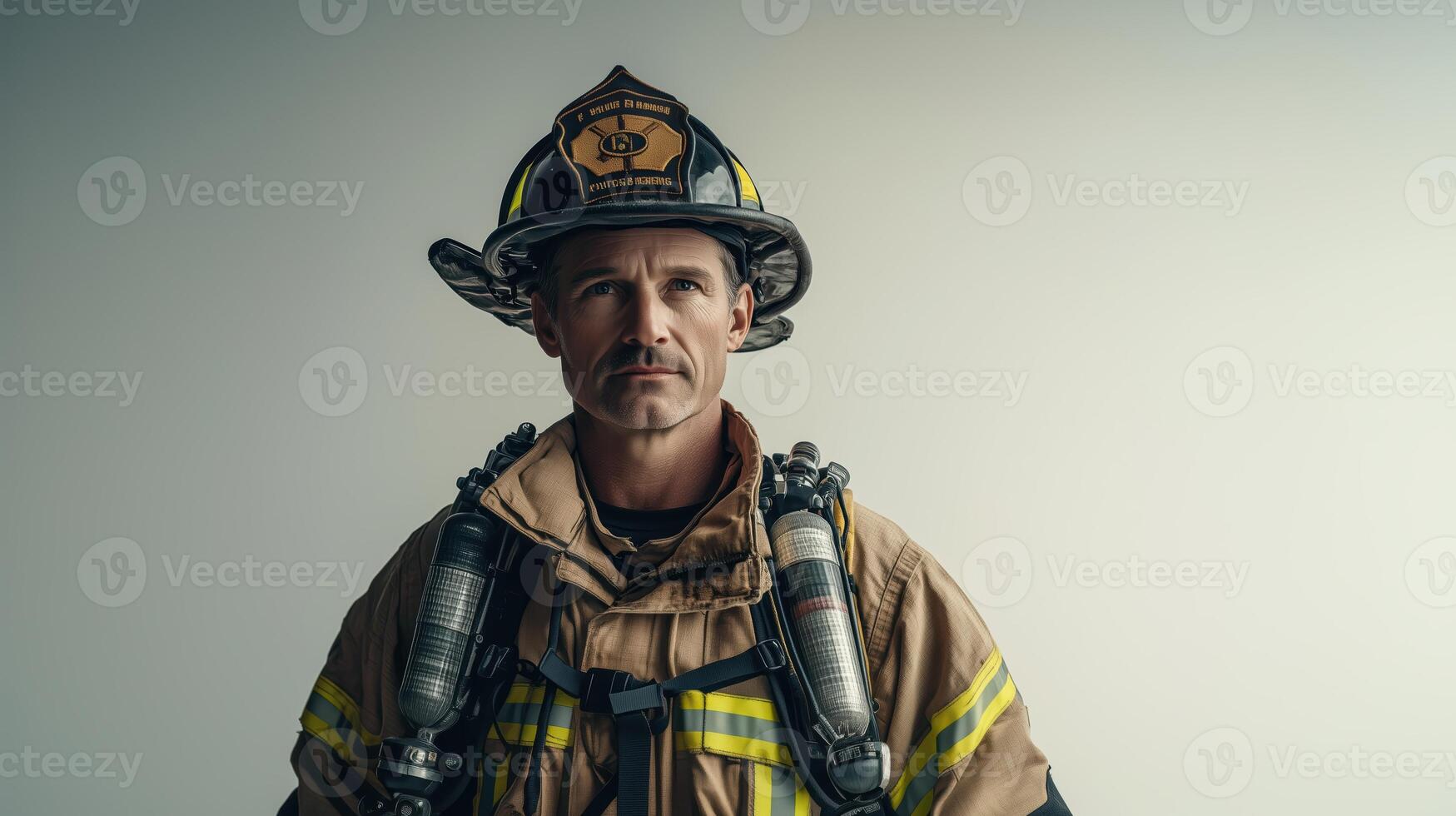 Valiant Firefighter Showcasing Protective Gear with Confidence photo