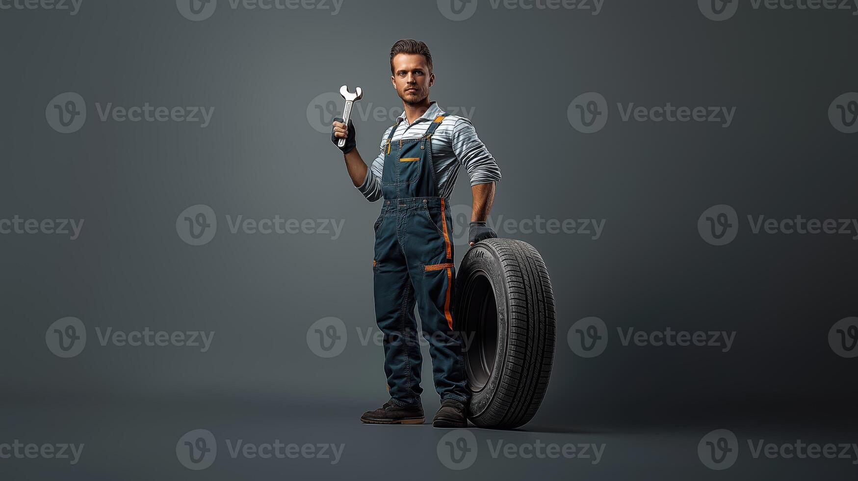 Innovative Mechanic Featuring Tire and Wrench in Sleek Design photo