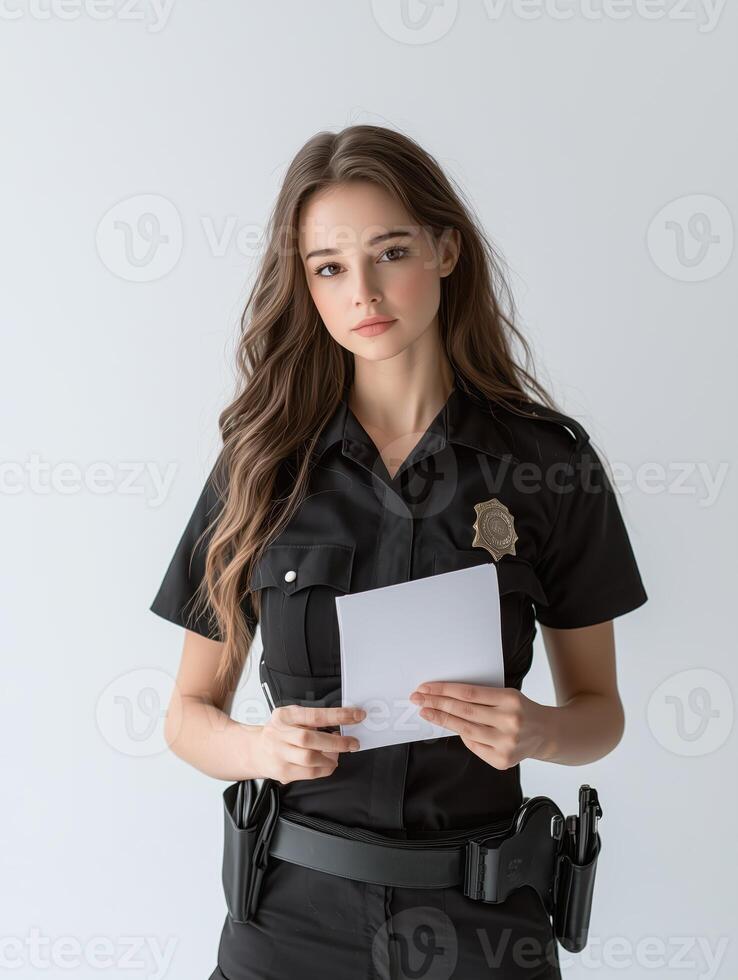Confident Female Police Officer Ready for Duty with Notepad photo