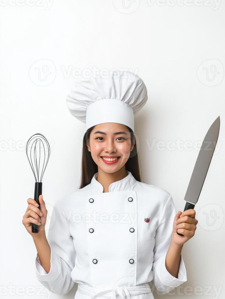 White Uniform Chef Showcasing Culinary Skills with Knife and Whisk photo