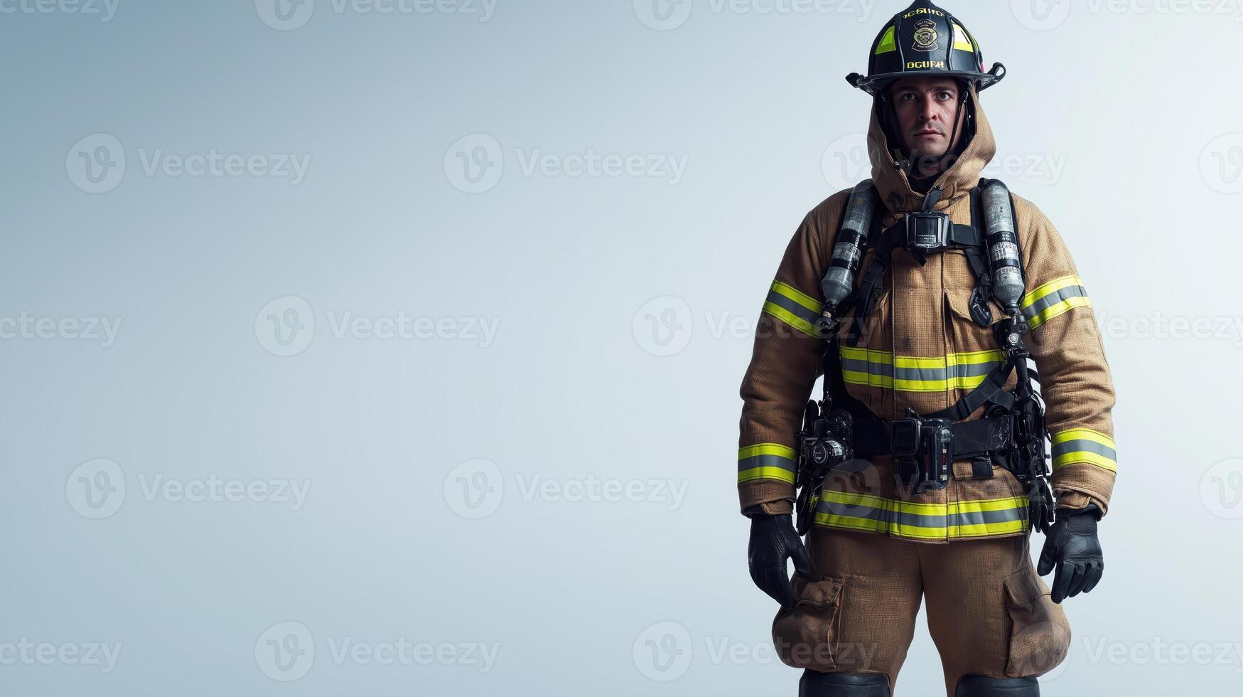 Determined Firefighter Displaying Gear in Clean White Setting photo
